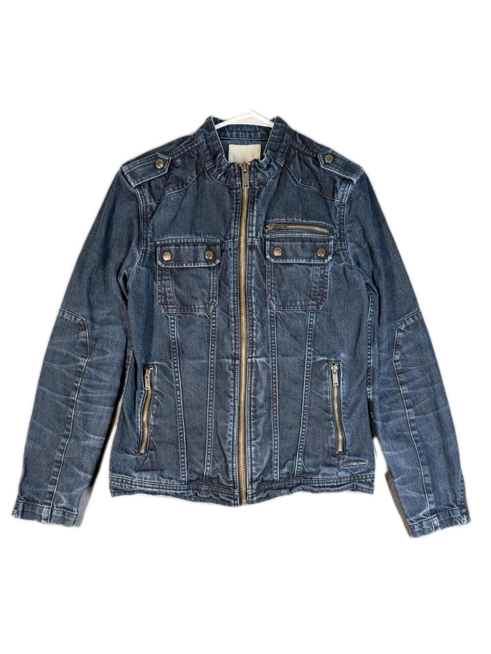 Calvin Klein Jeans Womens Small Blue Denim Jacket Moto Zip Distressed Casual